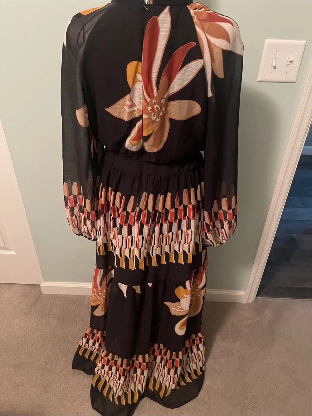 Maison Tara NWT Black Maxi Dress with Mustard, Rust & Cream Floral Accents - Picture 3 of 10